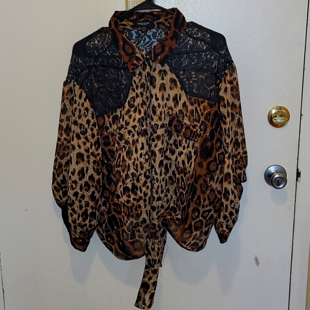 Sheer leopard button up top
